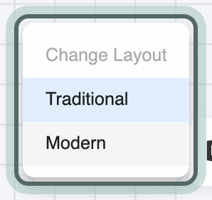 The layout selector in the canvas controls open, offering Traditional and Modern.