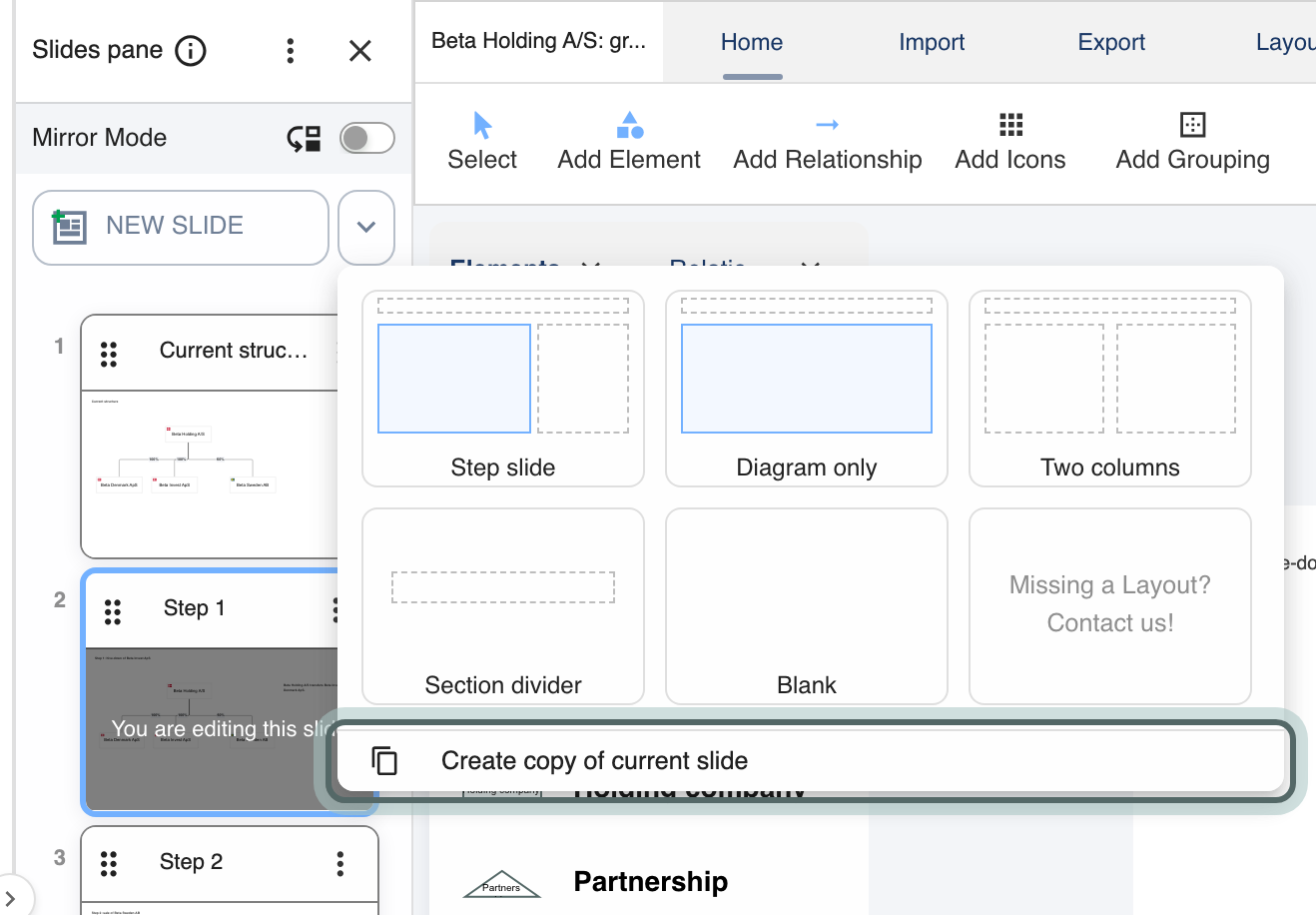 The Slides pane with three slides, Current structure, Step 1 and Step 2; the arrow beside New Slide is open and Create copy of current slide is highlighted.