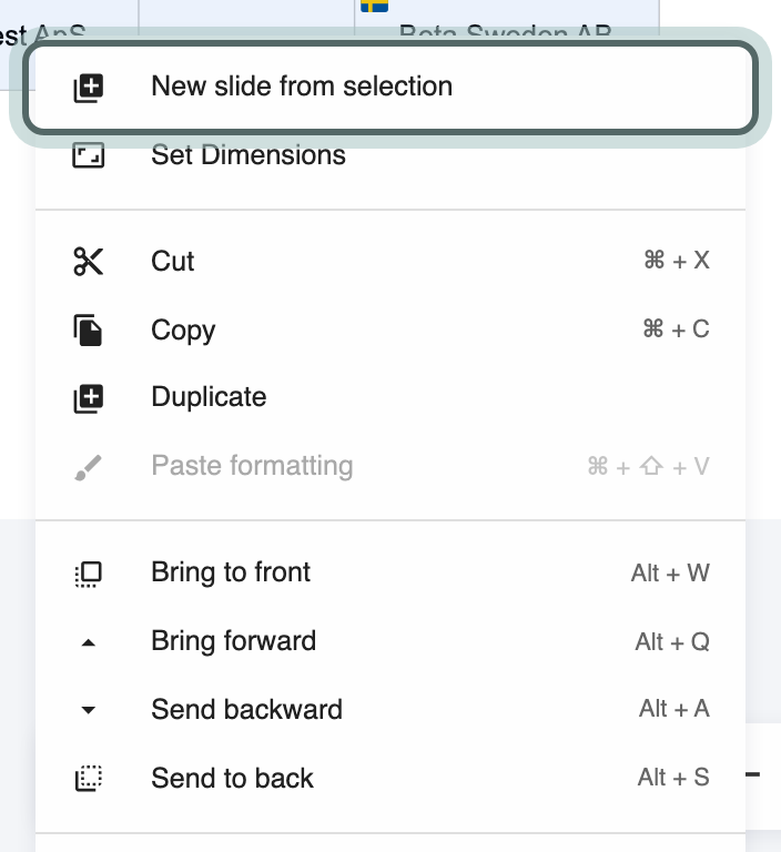 Three subsidiaries selected on the canvas and the right-click menu open, with New slide from selection highlighted.