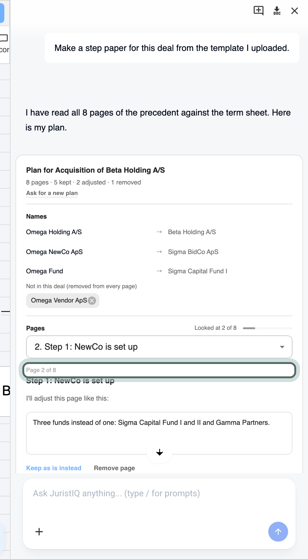 JuristIQ's plan for adapting the precedent on Page 2 of 8: the names it swaps, the change it suggests for this page with Adjust this page and Remove page, and the rail of pages.