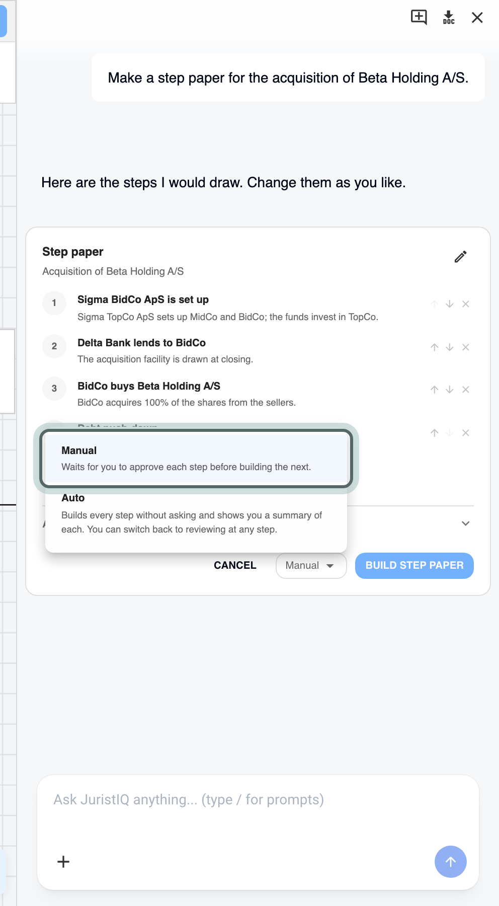 The proposed steps for the acquisition of Beta Holding A/S being edited, with the Mode menu open: Manual waits for you to approve each step, Auto builds every step and shows a summary of each.