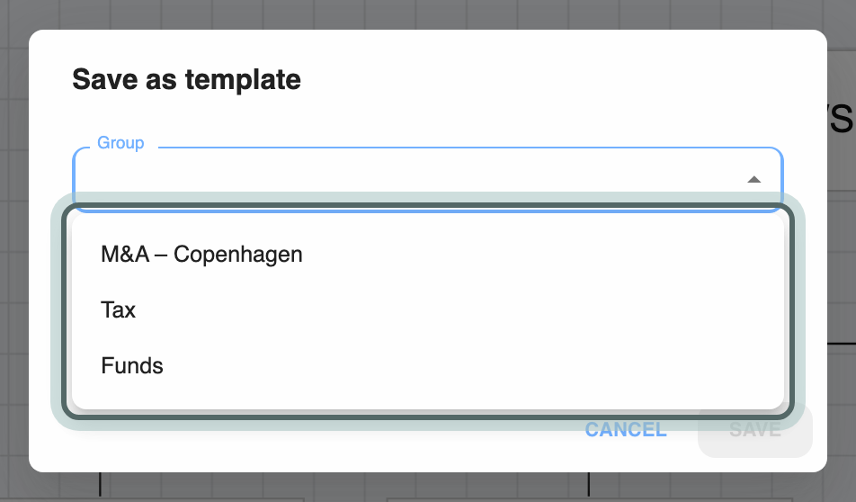 Save as template with its Group list open, offering the groups whose Library you can file it in: M&A – Copenhagen, Tax and Funds. The Name field sits under the list.