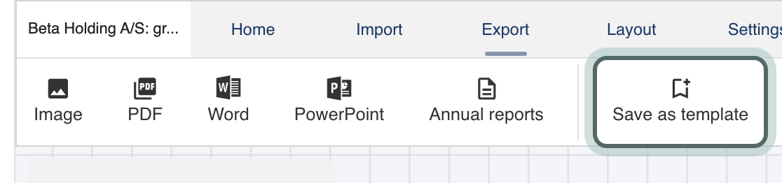 The Export tab of the structure ribbon: the export formats, then after the divider Save as template, highlighted.