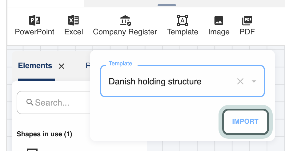 The Template panel under the Import tab, with the firm's Danish holding structure template chosen and the Import button highlighted.