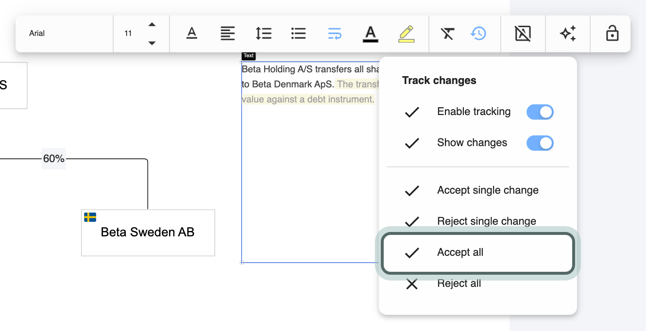 Track changes open from the text box's toolbar: Enable tracking and Show changes switched on, the tracked insertion visible in the text, and Accept all highlighted.