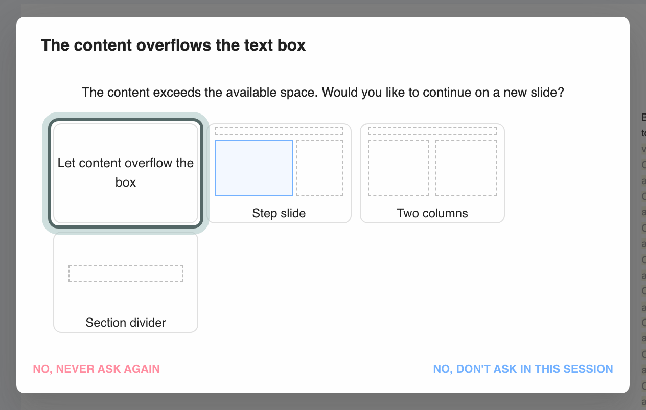 The content overflows the text box: layouts to continue on a new slide, Let content overflow the box, and the two No buttons, never ask again and don't ask in this session.