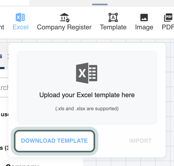 The Excel panel under Import: Upload your Excel template here, with Download template highlighted and Import below.