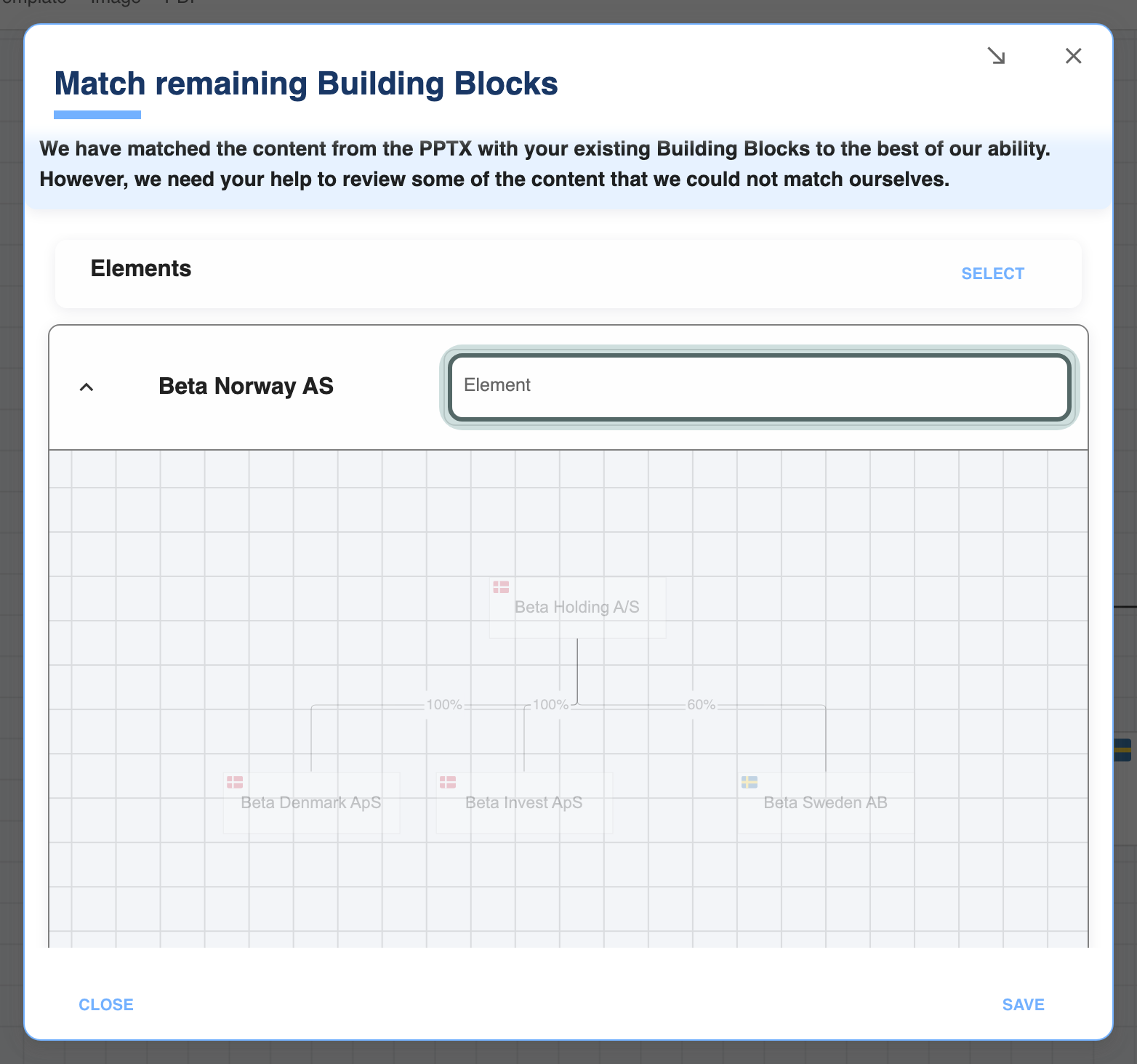 Match remaining Building Blocks: Beta Norway AS, a shape from the PowerPoint that matched none of the firm's elements, with its Element field highlighted.