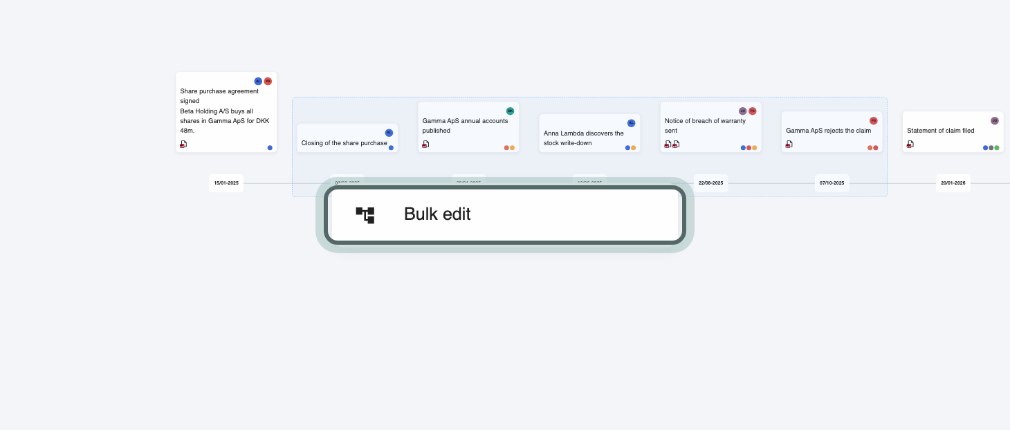 Several events on the Linear timeline selected with a box drawn while holding Shift, and the right-click menu with Bulk edit highlighted.