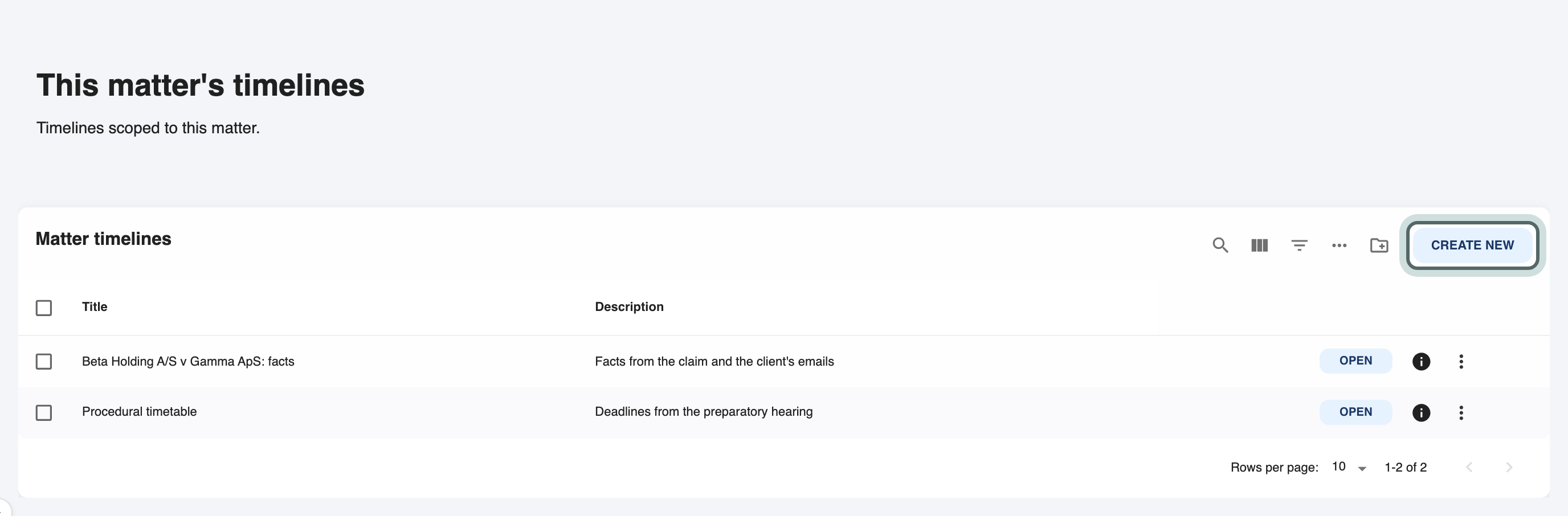 The matter's timelines page, headed This matter's timelines, with the Create new button highlighted.
