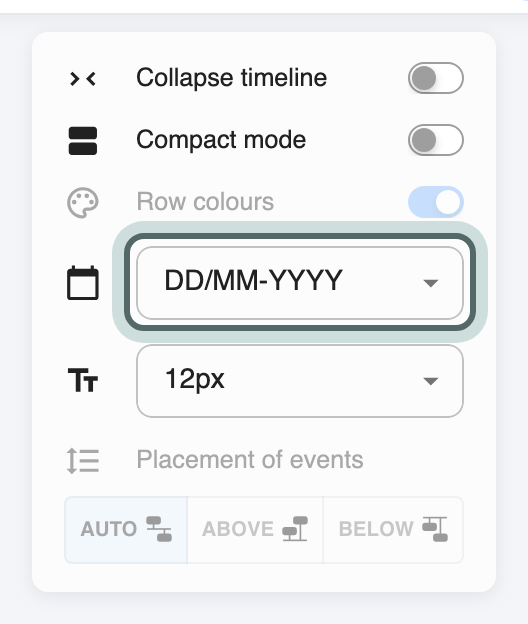 The timeline's Settings menu open, with the date format list beside the calendar icon highlighted.