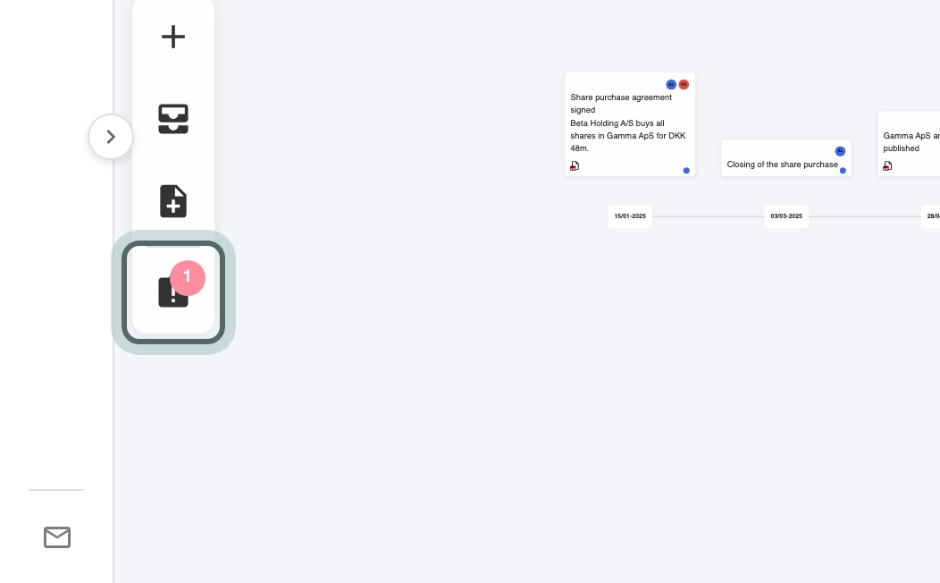 The toolbar on the left of the timeline, with the badge counting the documents that await your review highlighted.