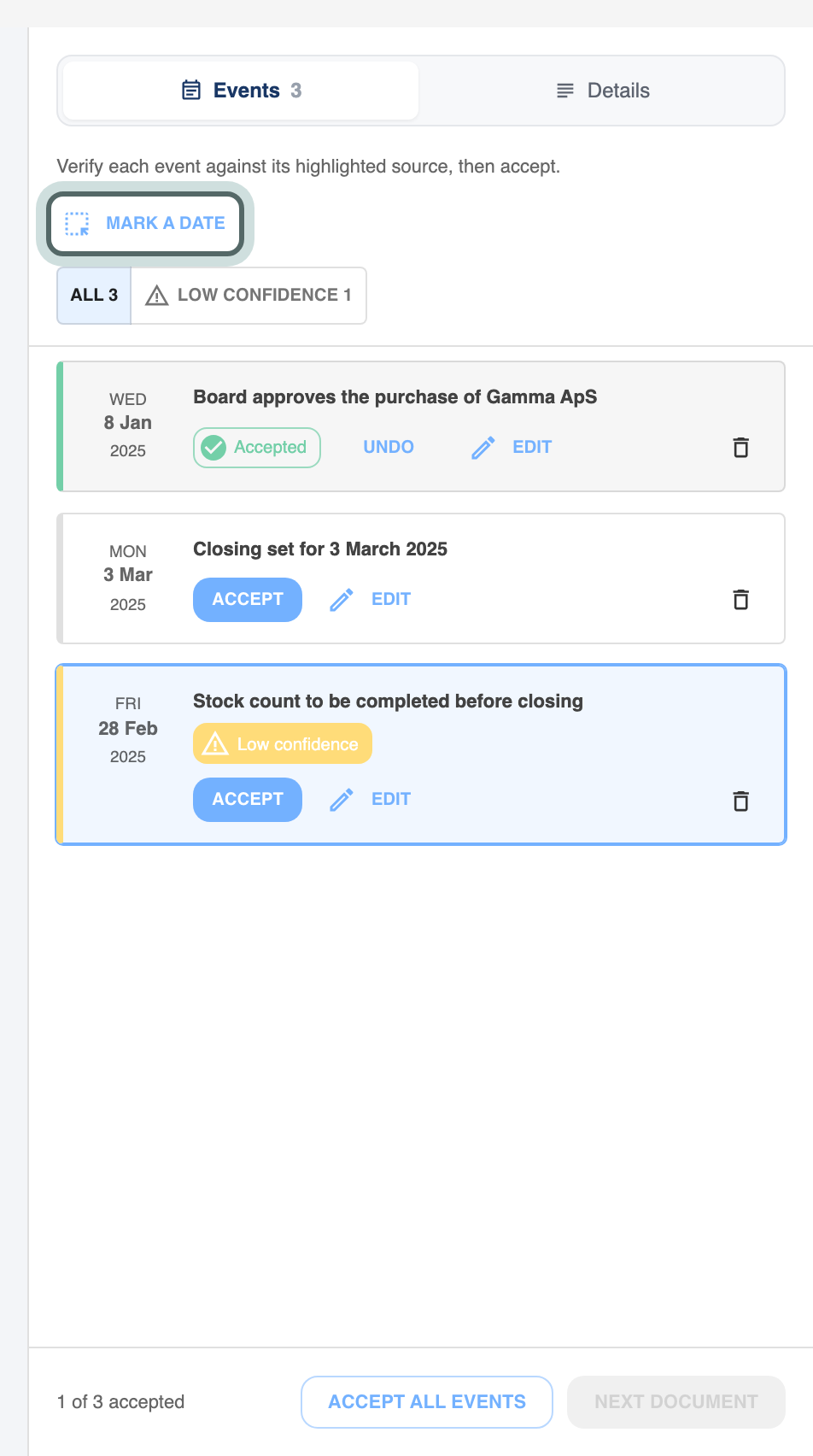 Mark a date, above the proposed events, highlighted: use it to draw a box around a date on the page that JuristIQ missed.