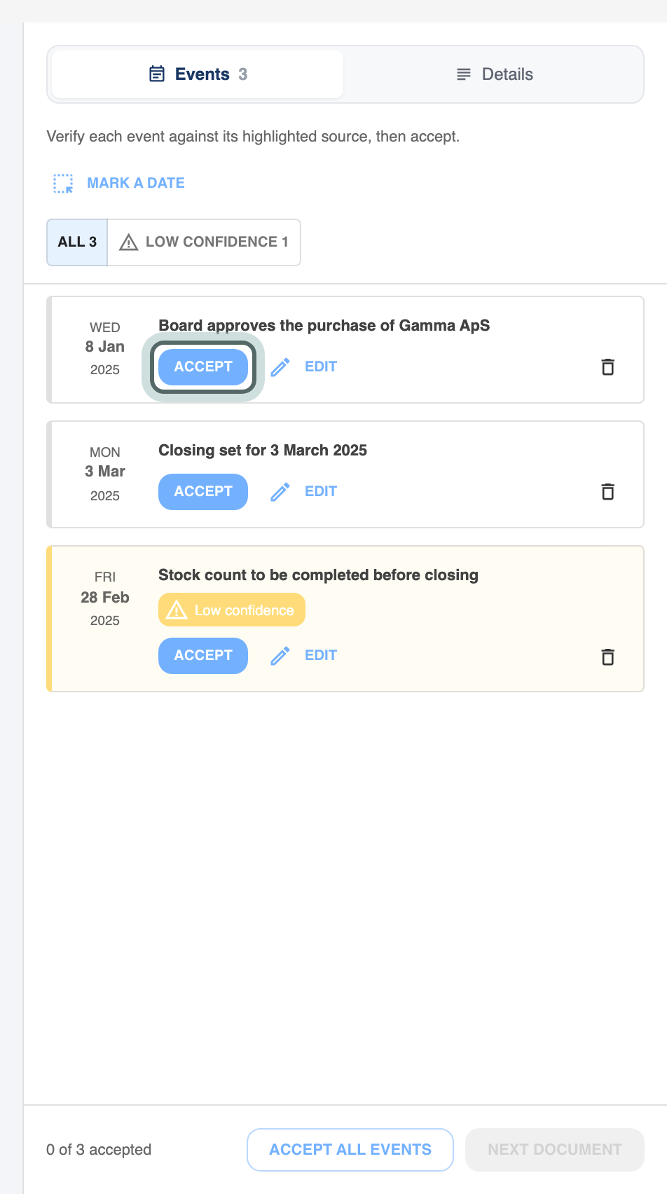 The events JuristIQ proposes from the board minutes, each with Accept, Edit and a bin; Accept on the first event is highlighted.