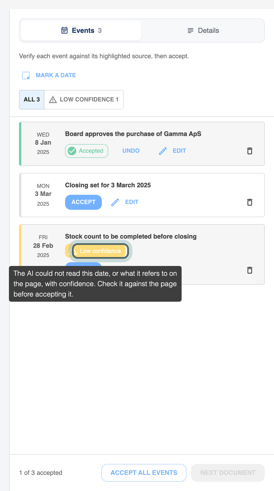 A proposed event marked Low confidence, with its hint showing, and the Low confidence filter above the list.