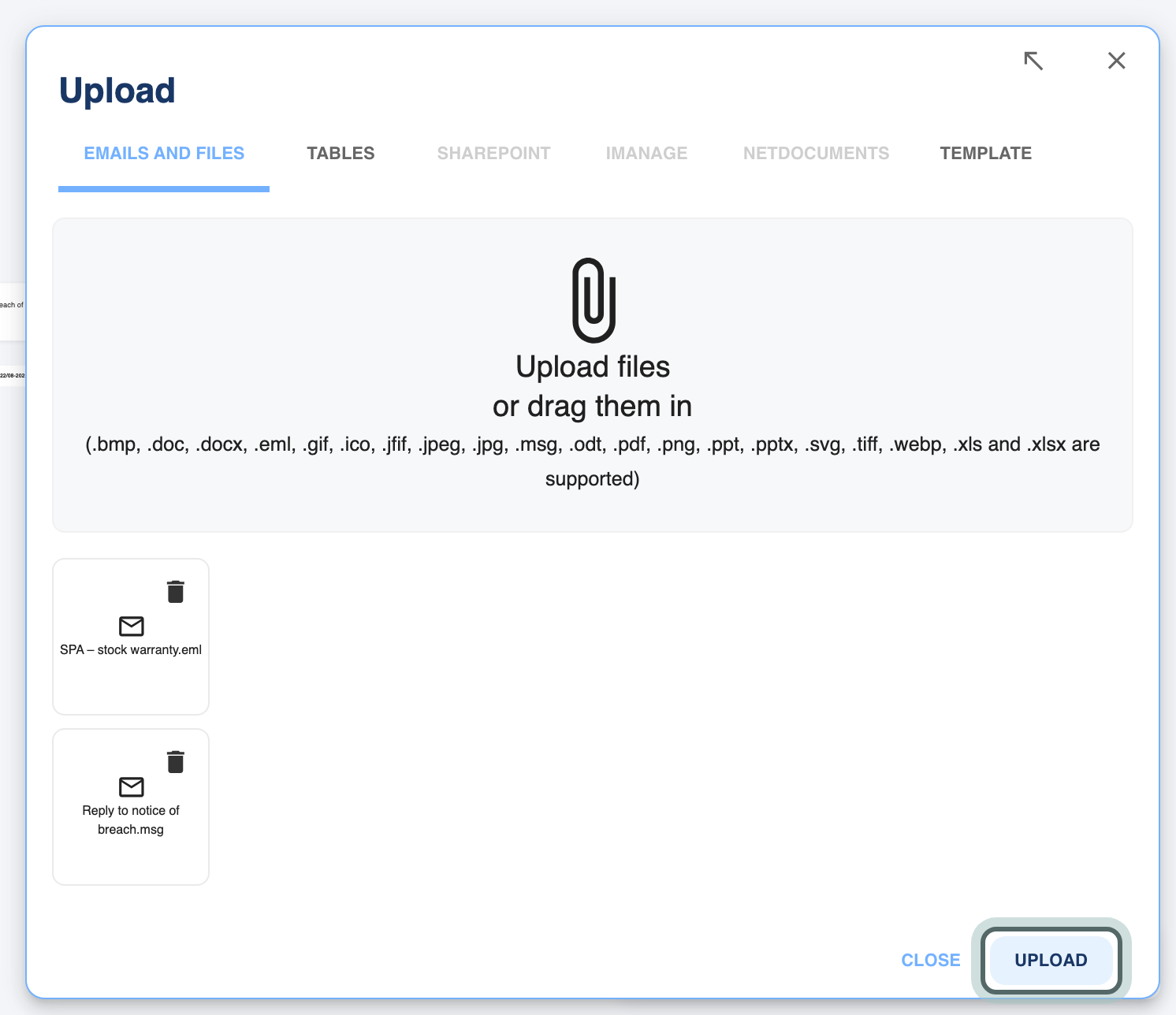 The Upload panel on the Emails and files tab with two email files from the correspondence with Gamma ApS added, and the Upload button highlighted.