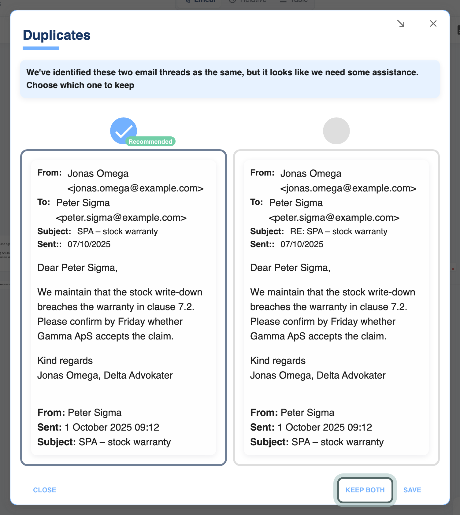 The Duplicates panel with two copies of the same email thread side by side, one marked Recommended, and Keep both highlighted.