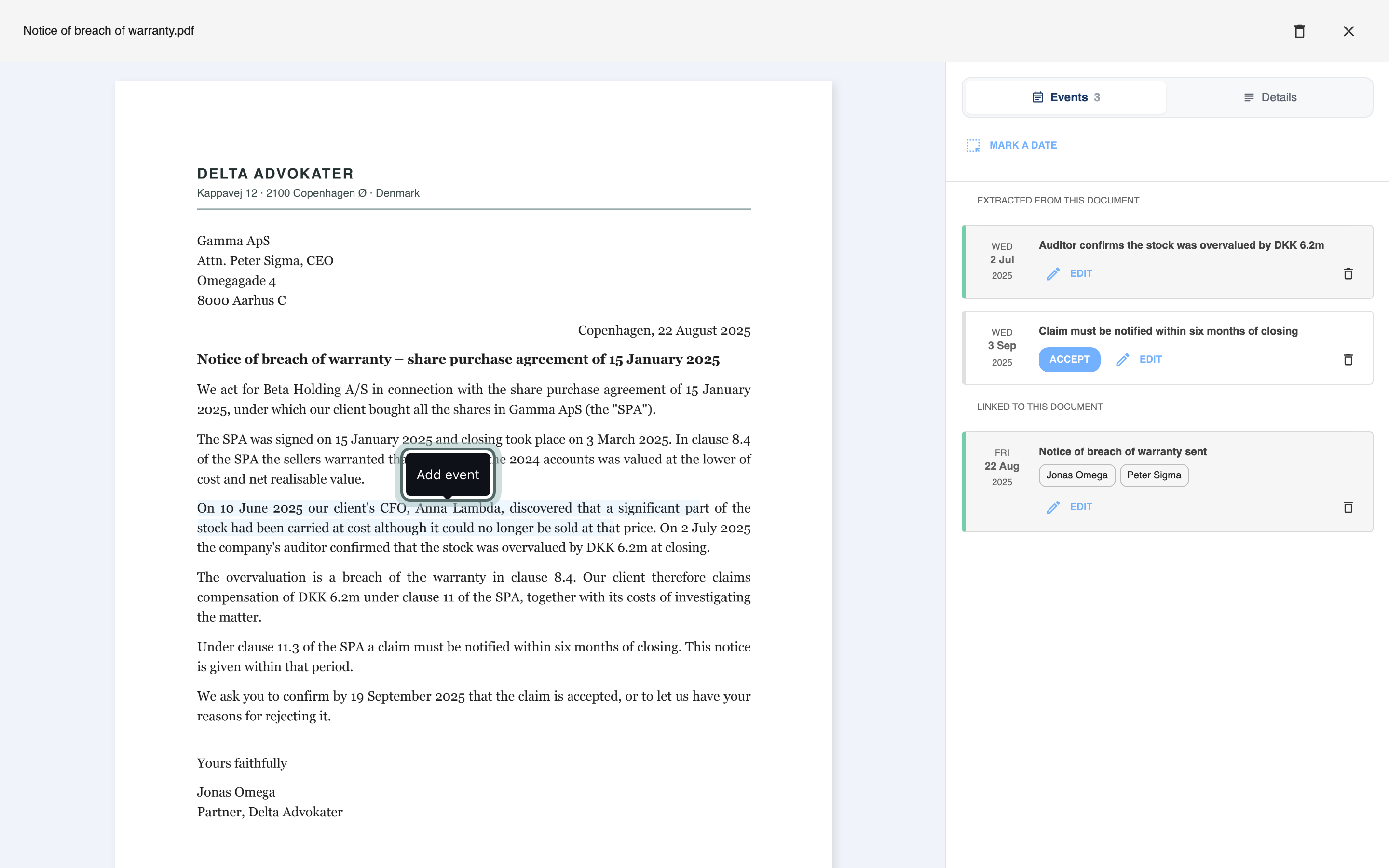 The notice of breach opened on its own, with its events beside it under Extracted from this document (two events JuristIQ took from it) and Linked to this document (Notice of breach of warranty sent). A passage about Anna Lambda's discovery is selected, and the Add event button over it is highlighted.