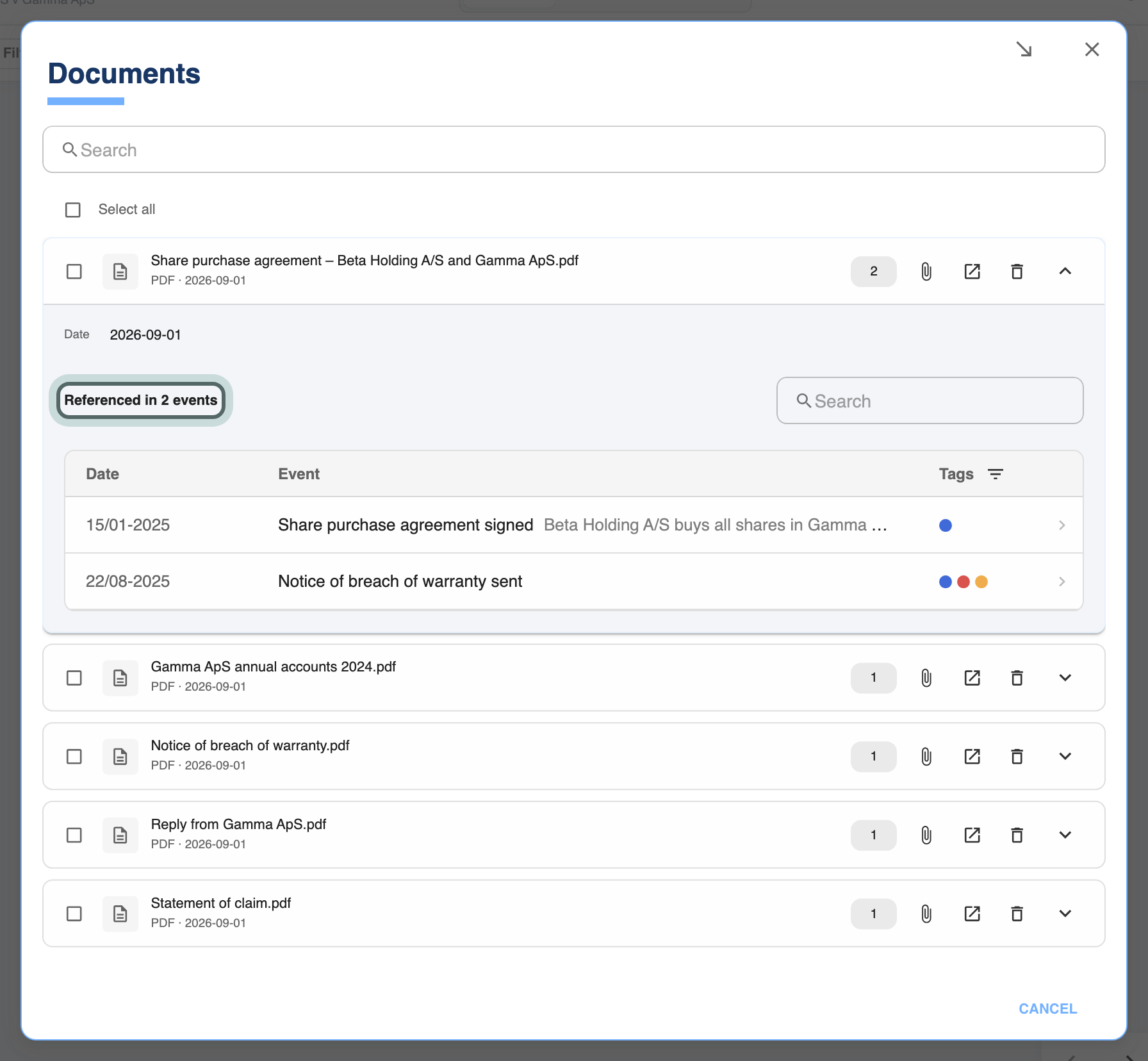 The Documents list: each document on the timeline with the number of events that use it; the share purchase agreement is open, showing the events that reference it.