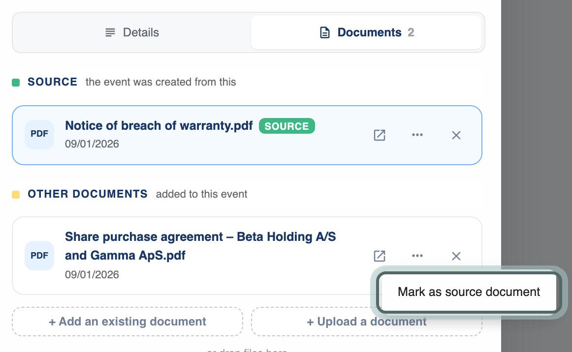 The Documents tab of an event: the notice of breach as its Source document and the share purchase agreement under Other documents, whose More actions menu is open with Mark as source document highlighted.