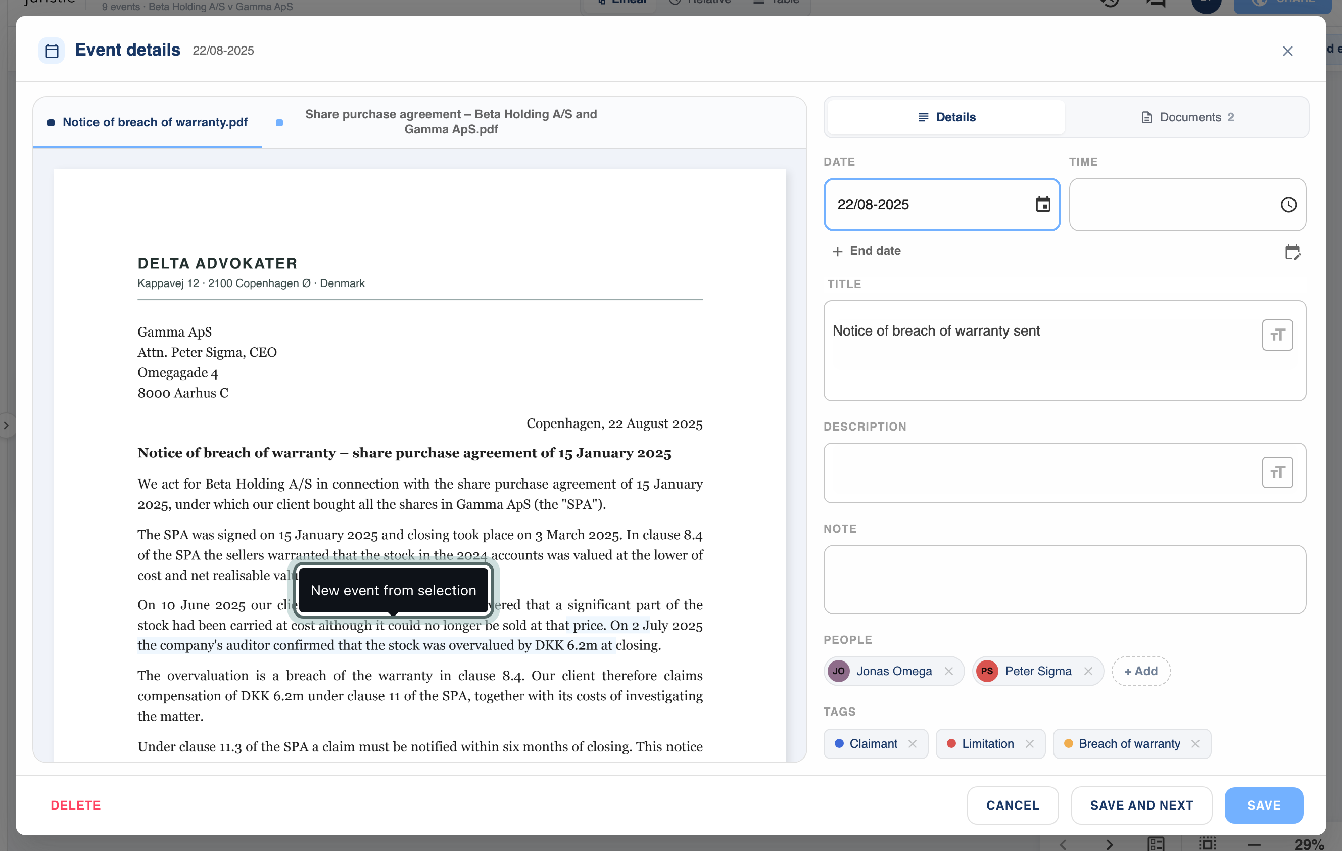An event's panel with its source document, the notice of breach, open beside the fields. A sentence about the auditor's confirmation is selected, and the button over it, New event from selection, is highlighted.
