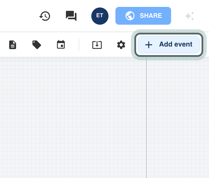 The timeline toolbar, with the Add event button on the right highlighted.