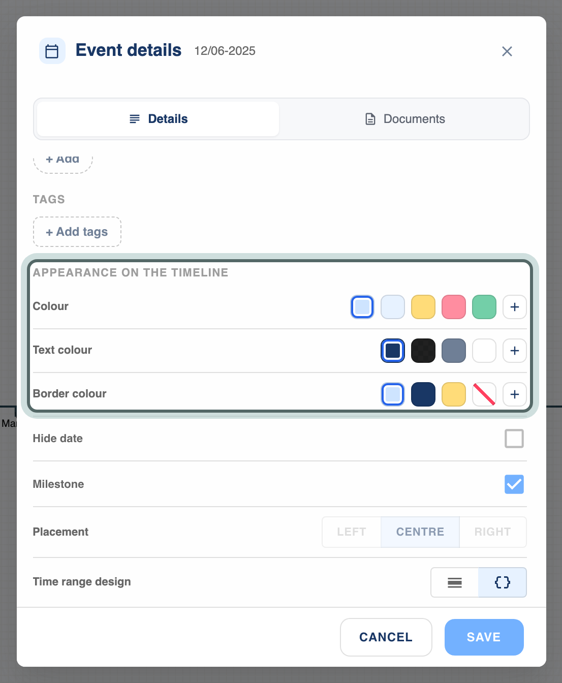 The event panel's Appearance on the timeline: rows of swatches for Colour, Text colour and Border colour, each ending in Custom colour.