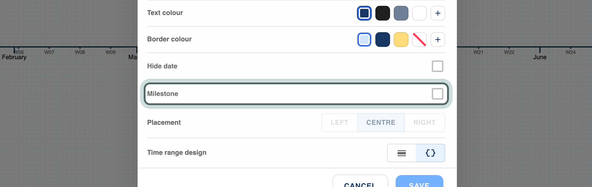 The Milestone tick box in the event panel, highlighted.