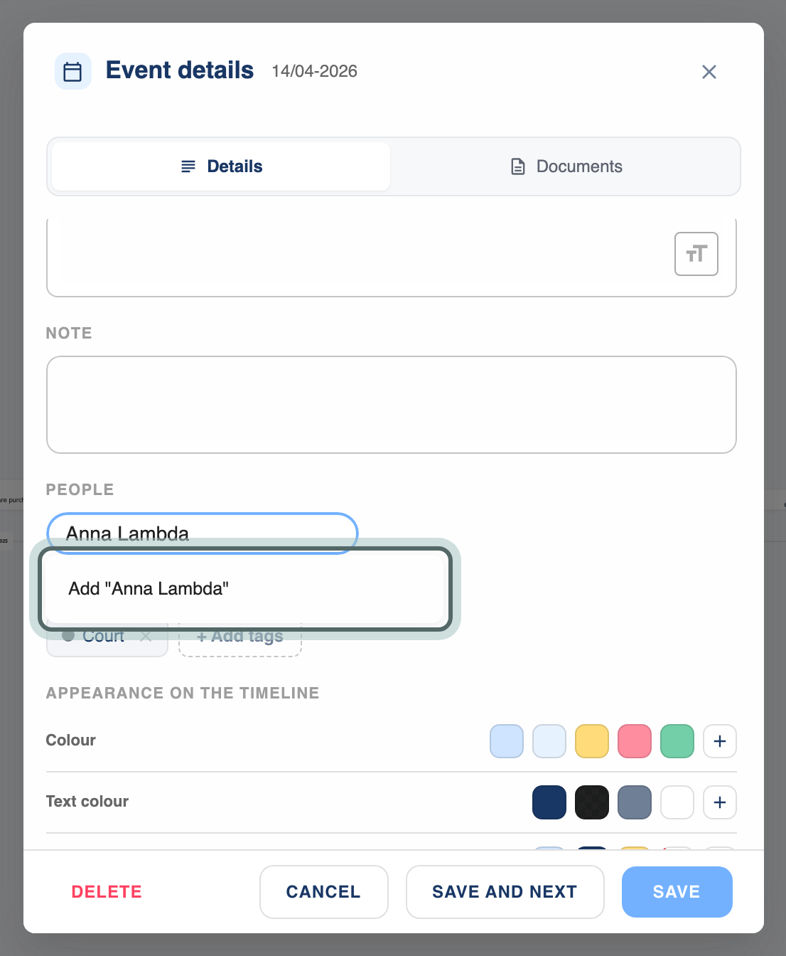 The People row of an event, with a new name, Anna Lambda, typed in the Add field, and the option Add "Anna Lambda" highlighted.