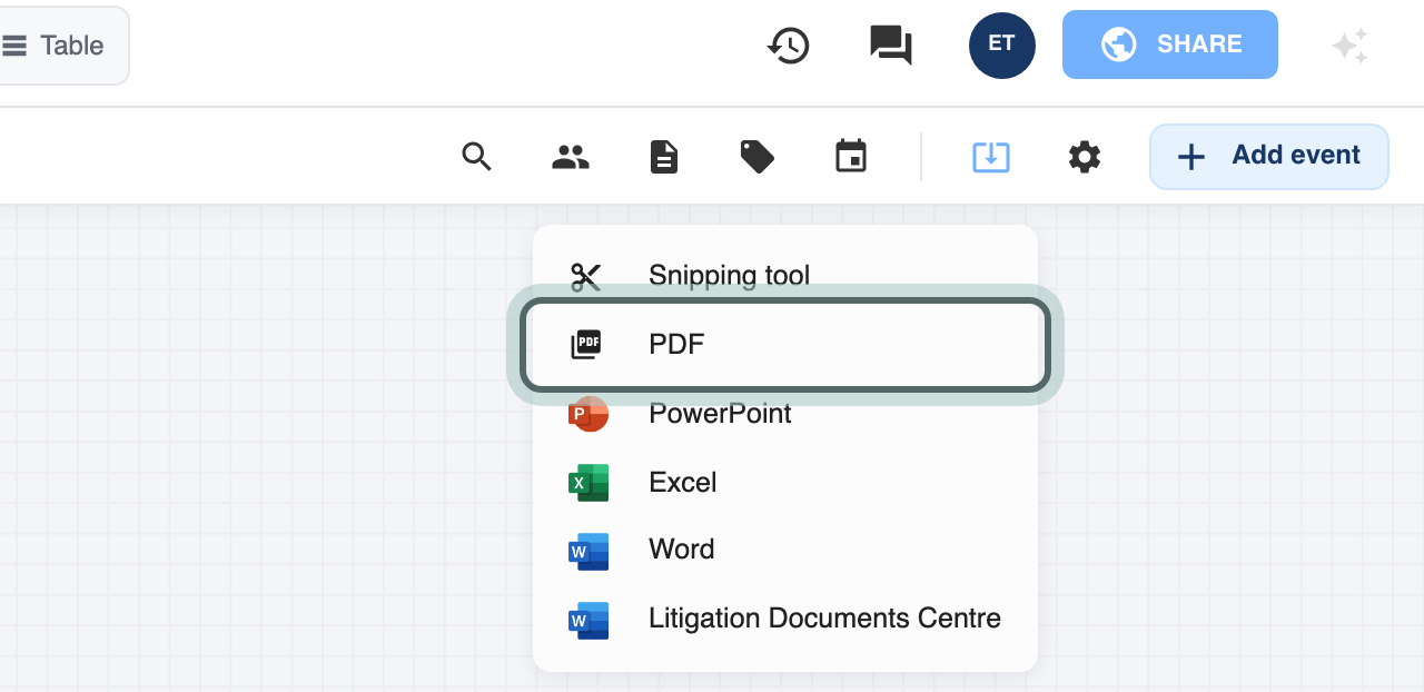 The export menu: Snipping tool, PDF, PowerPoint, Excel, Word and Litigation Documents Centre, with PDF highlighted.