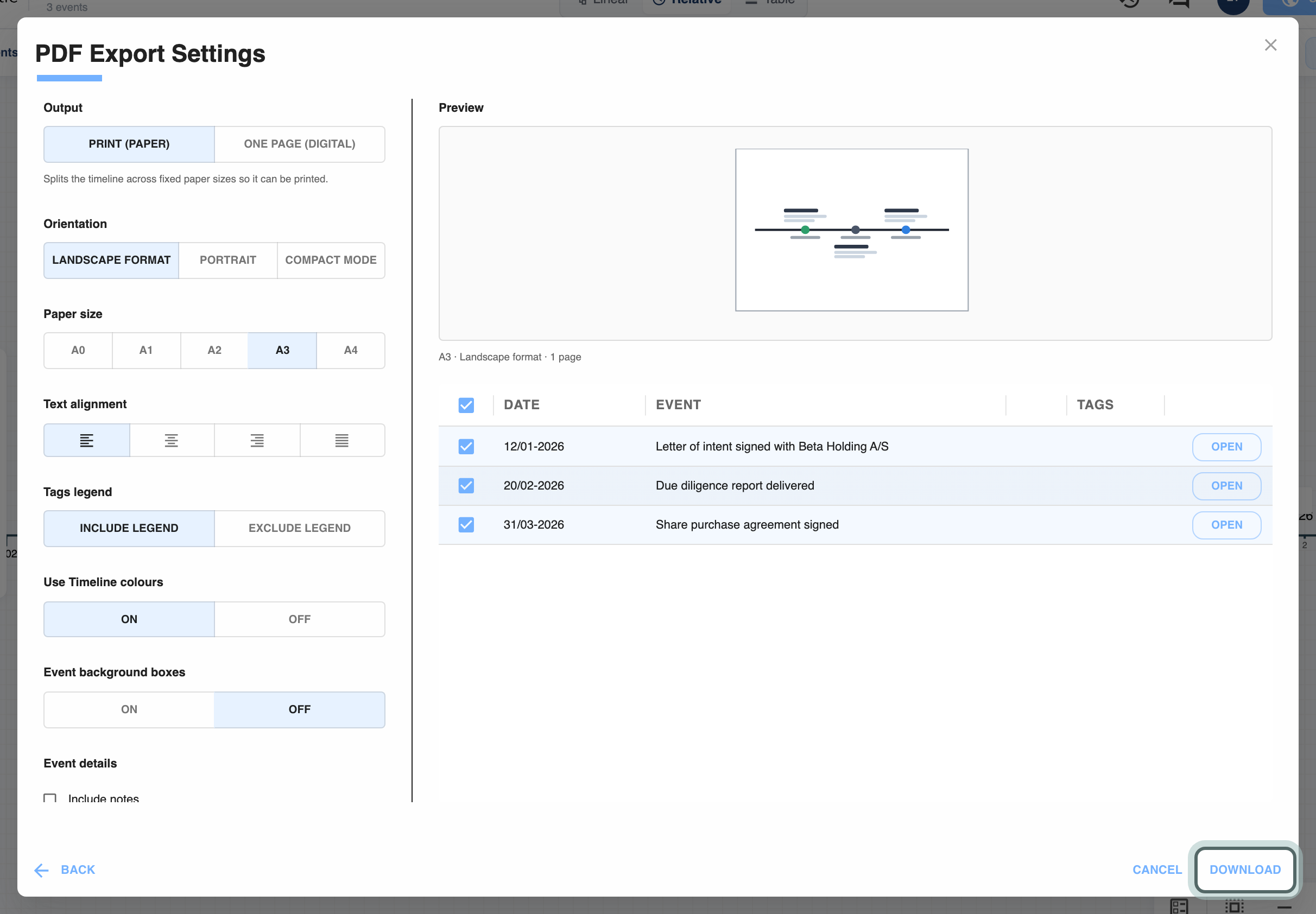 The PDF export settings: output, orientation, paper size, legend and event details on the left, a preview of the page and the selected events on the right.