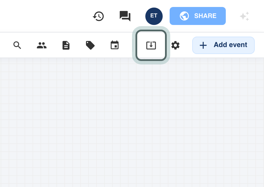 The Export button in the timeline toolbar, highlighted.