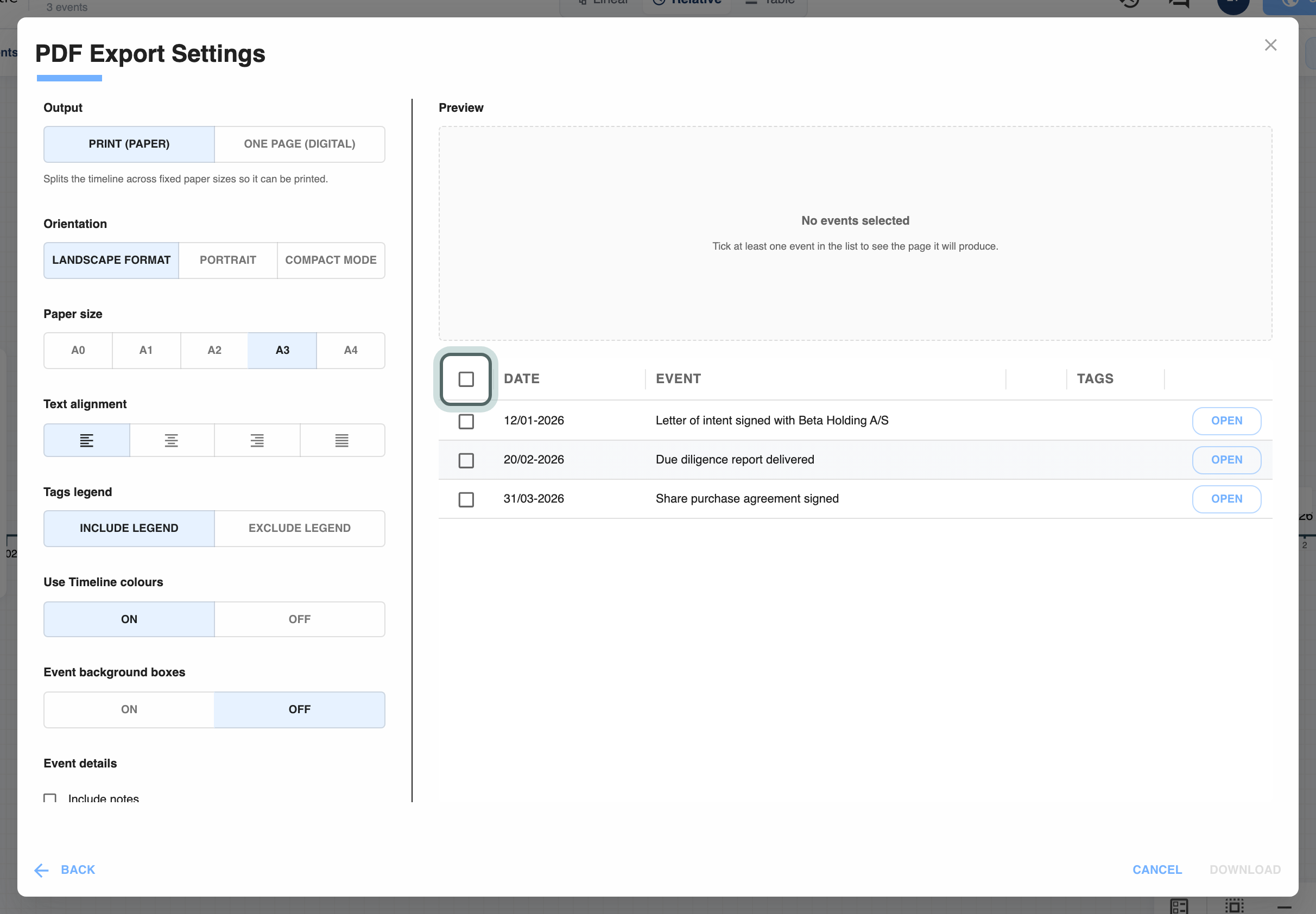 The PDF export settings with the event list, and the box that selects every event highlighted.