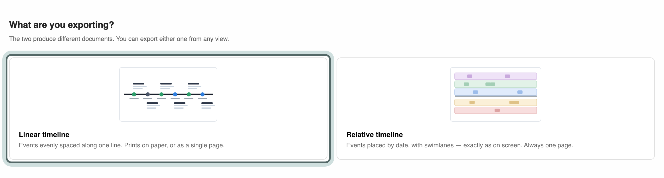 The PDF export asks what you are exporting: a linear timeline or a relative timeline.