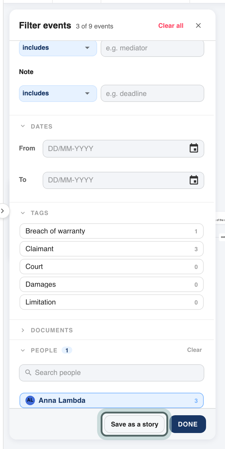 The Filter events panel with Anna Lambda picked under People, the count of events that are left, and Save as a story highlighted.