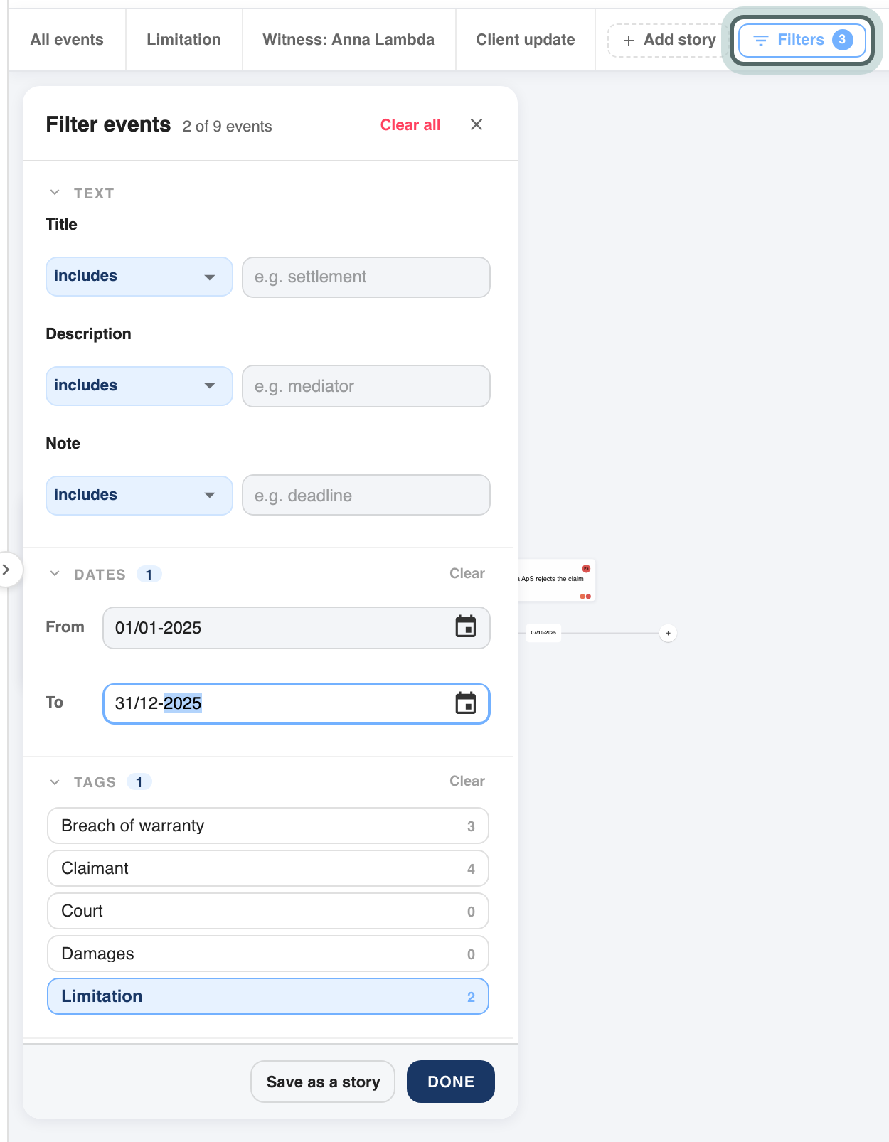 The Filter events panel with the tag Limitation picked and the period from 01/01-2025 to 31/12-2025, showing how many of the events are left; the Filters button in the story row is highlighted.