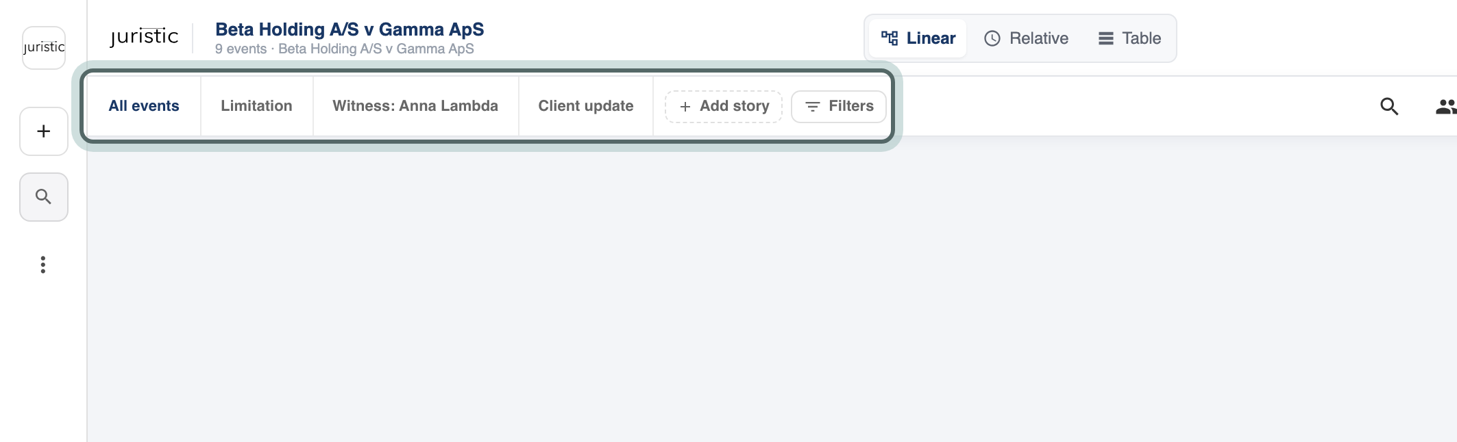The story row under the toolbar: All events, Limitation, Witness: Anna Lambda and Client update, with Add story and Filters on the right.