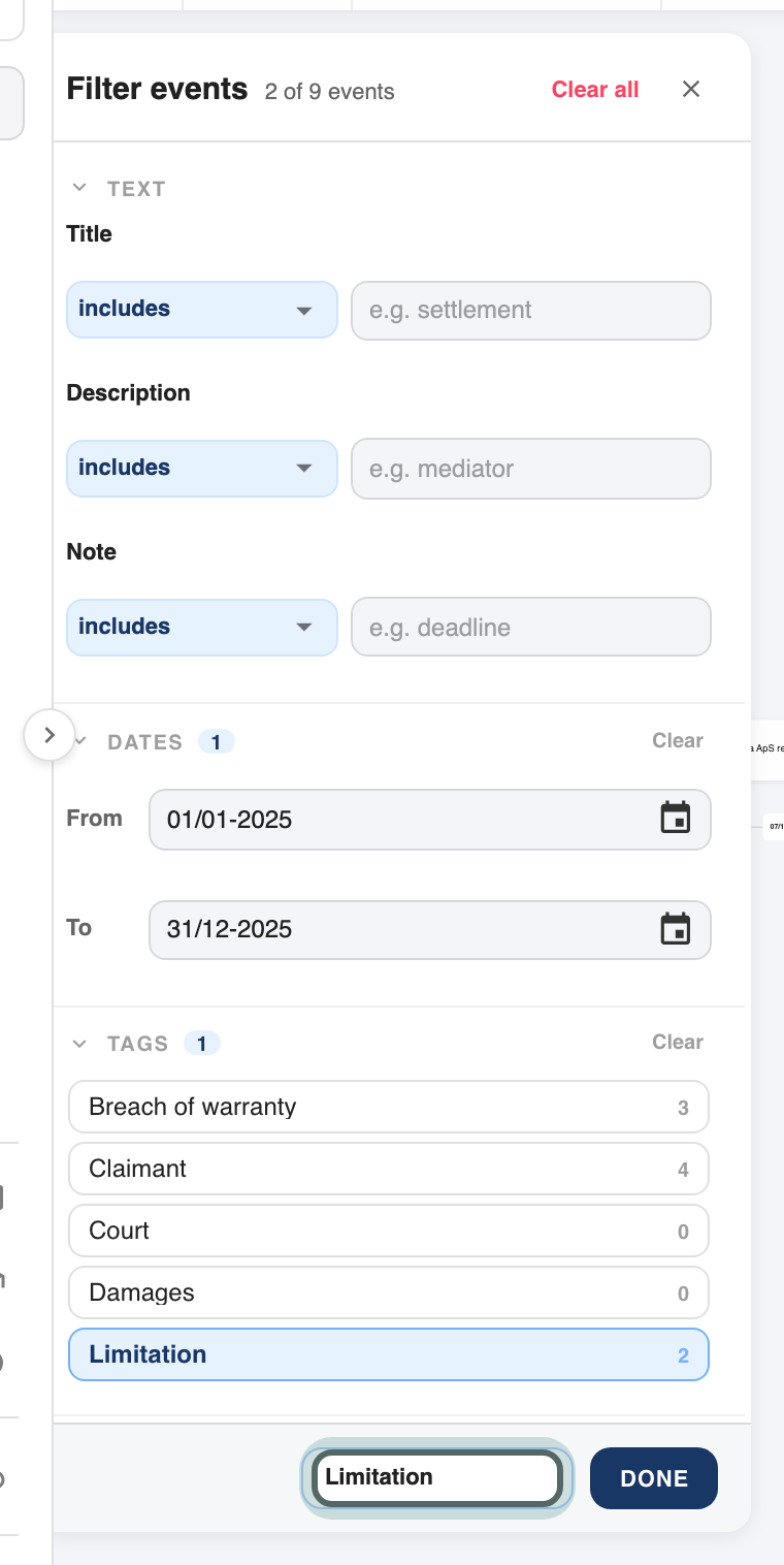 The foot of the Filter events panel after Save as a story, with the story's name, Limitation, typed in.