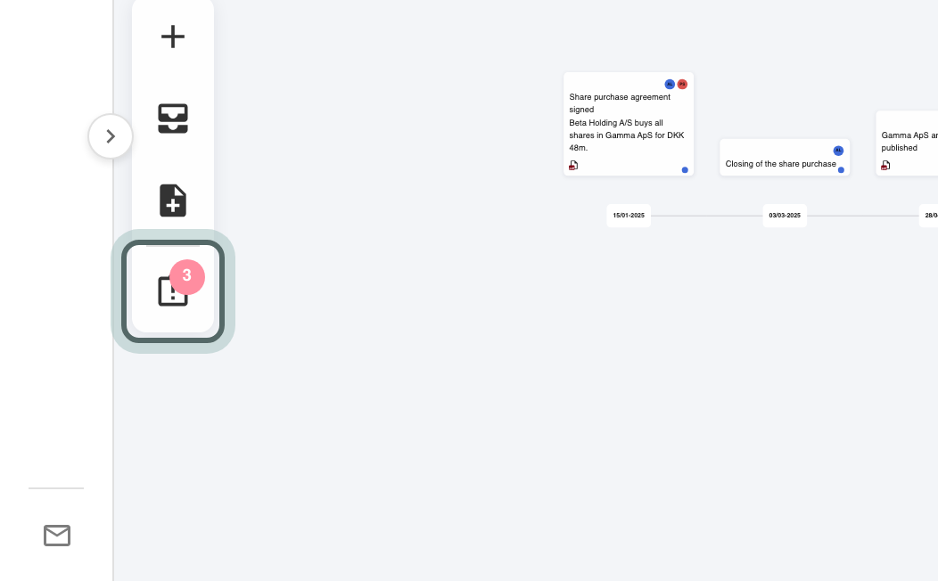 The toolbar on the left of the timeline, with the red badge for documents in which no events were found highlighted.