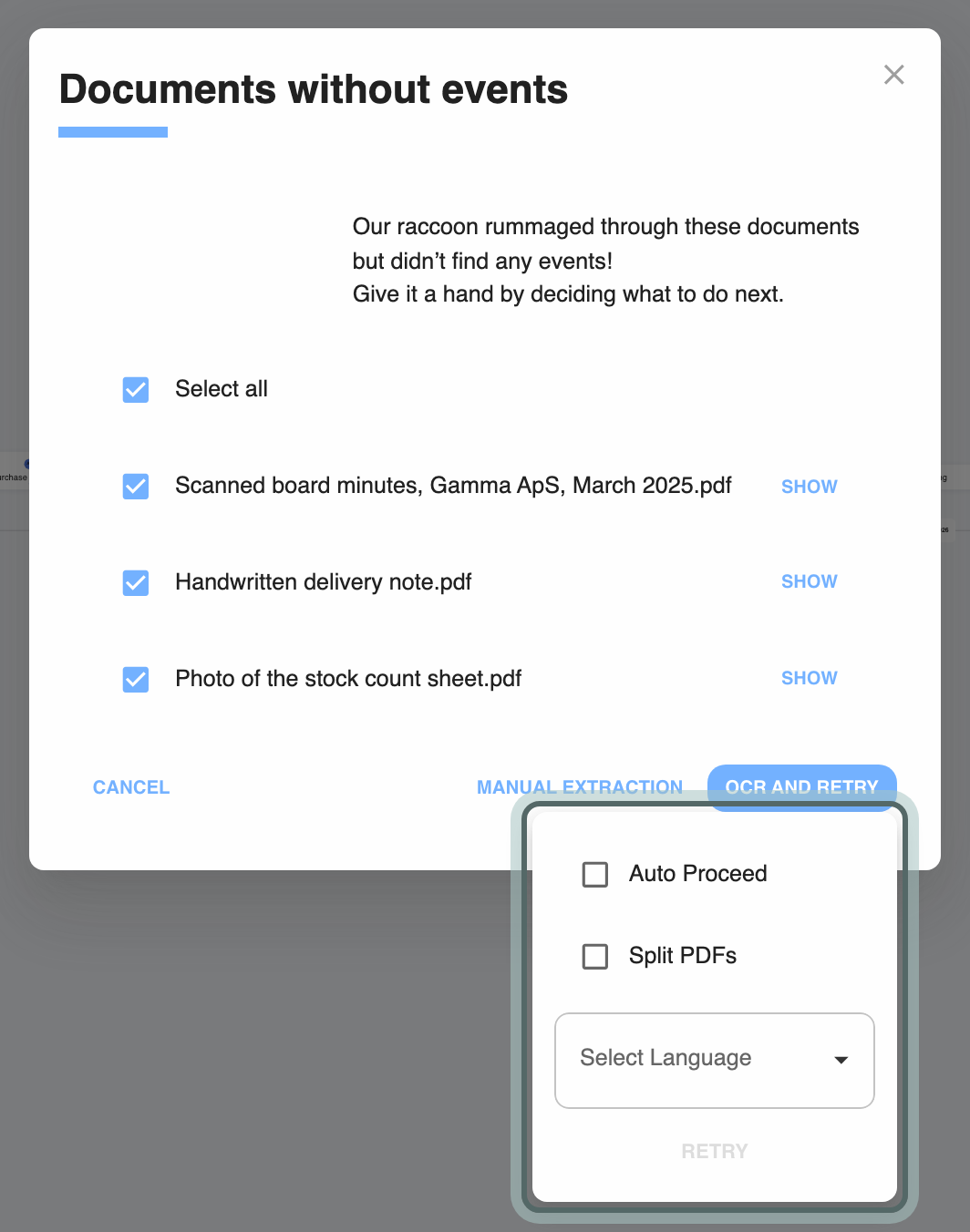 Documents without events, with all three documents ticked and the OCR and retry options open below it: Auto Proceed, Split PDFs, Select Language and retry.