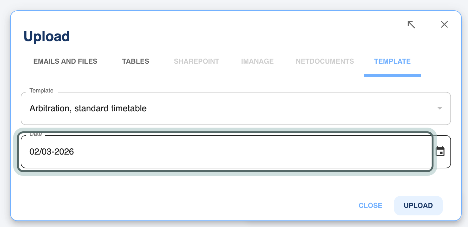 The Upload panel on the Template tab, with the template Arbitration, standard timetable picked and the Date field highlighted.