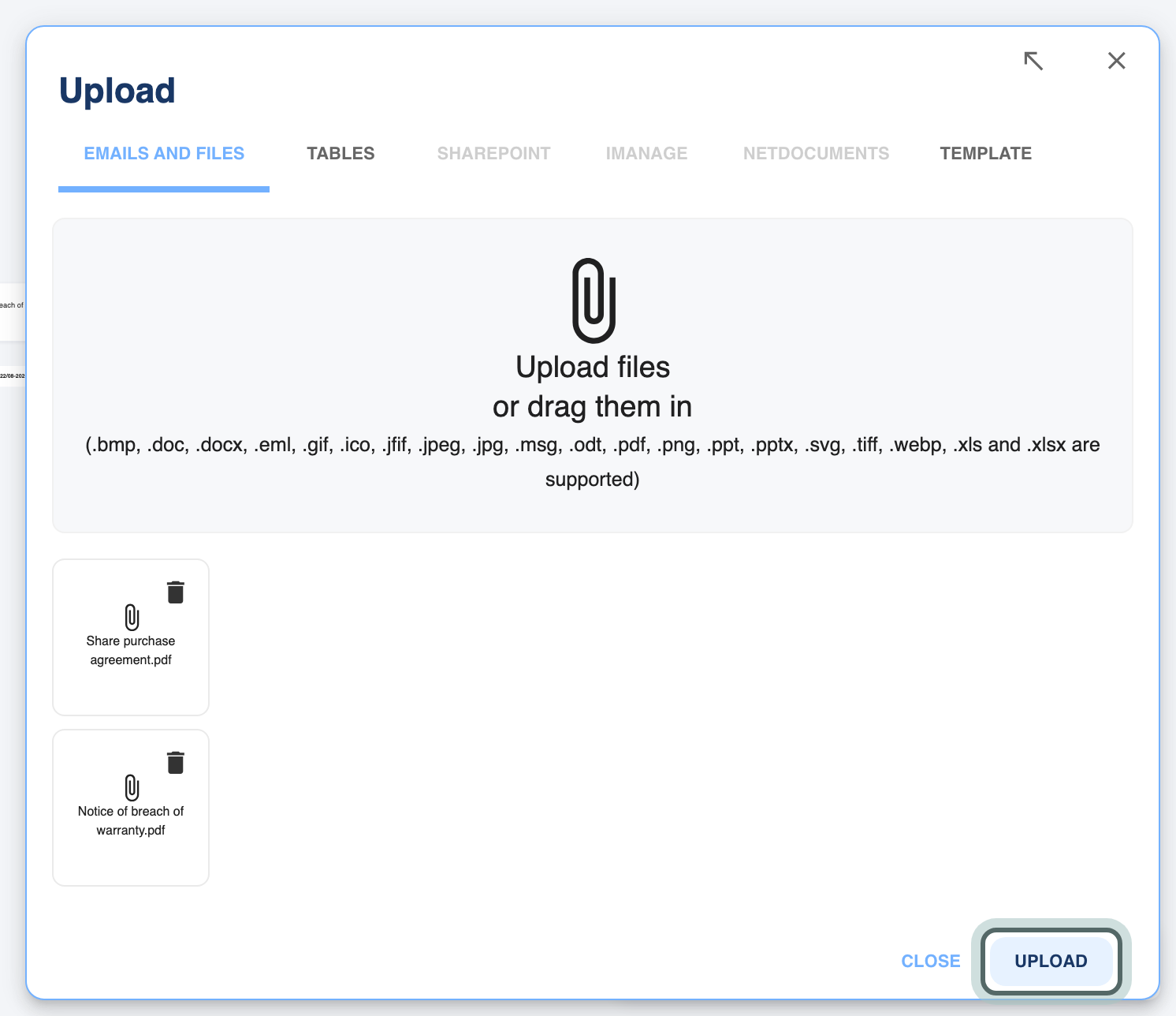 The Upload panel on the Emails and files tab, with two case documents listed and the Upload button highlighted.