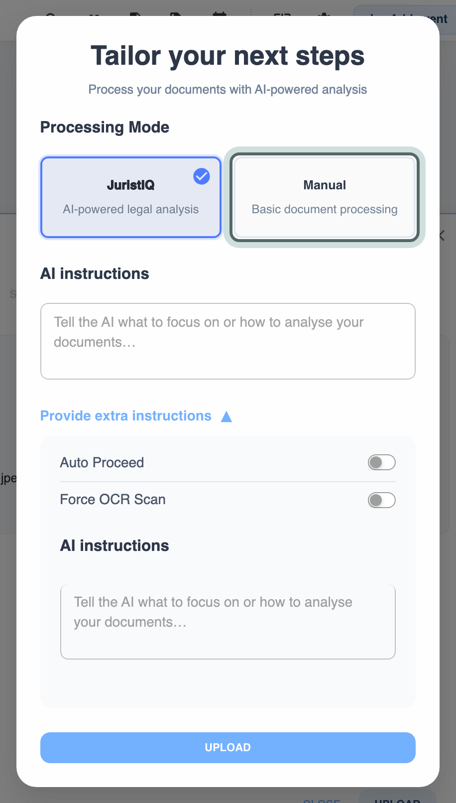 Tailor your next steps, with Manual (basic document processing) highlighted as the processing mode.