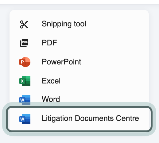 The timeline's Export menu open, with Litigation Documents Centre highlighted.