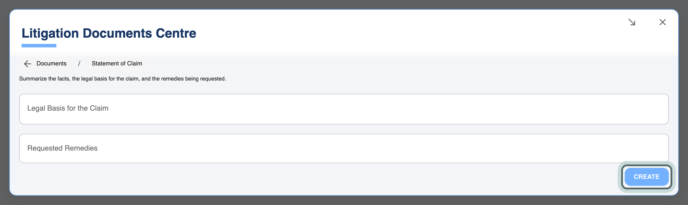 Statement of Claim in the Litigation Documents Centre: what it covers, the fields to fill in, and the Create button highlighted.