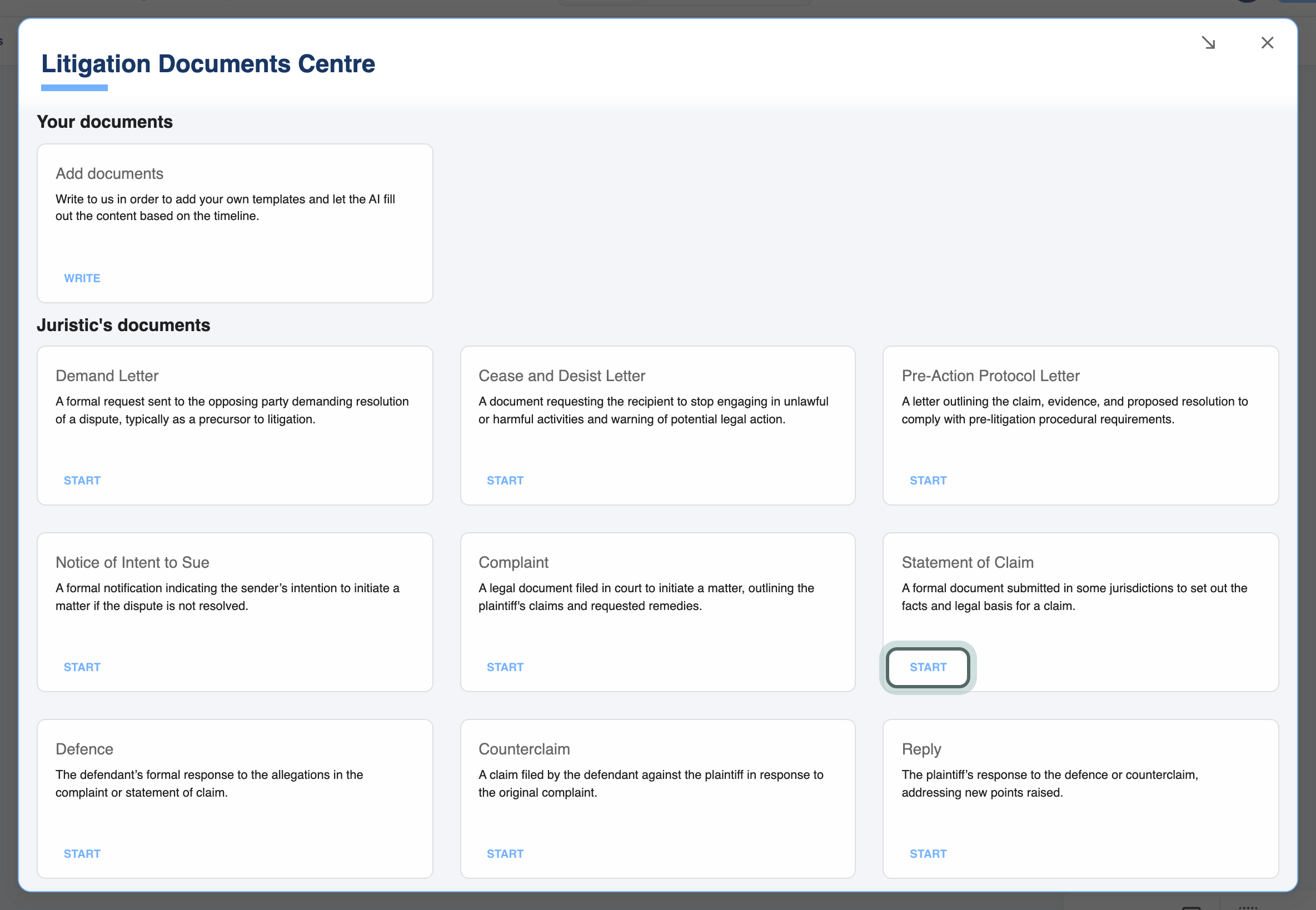 The Litigation Documents Centre: Your documents, then Juristic's documents (Demand Letter, Statement of Claim, Defence and more), with Start on Statement of Claim highlighted.