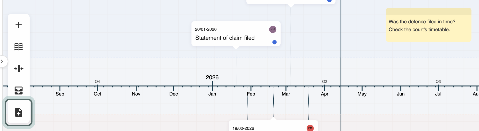 The Relative view with Add Note highlighted in the toolbar on the left, and a note on the timeline asking whether the defence was filed in time.