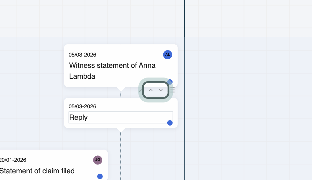 Two events on the same date, the reply and Anna Lambda's witness statement, stacked in the Claimant lane; the pointer is on one of them, and its Move up and Move down arrows are highlighted.