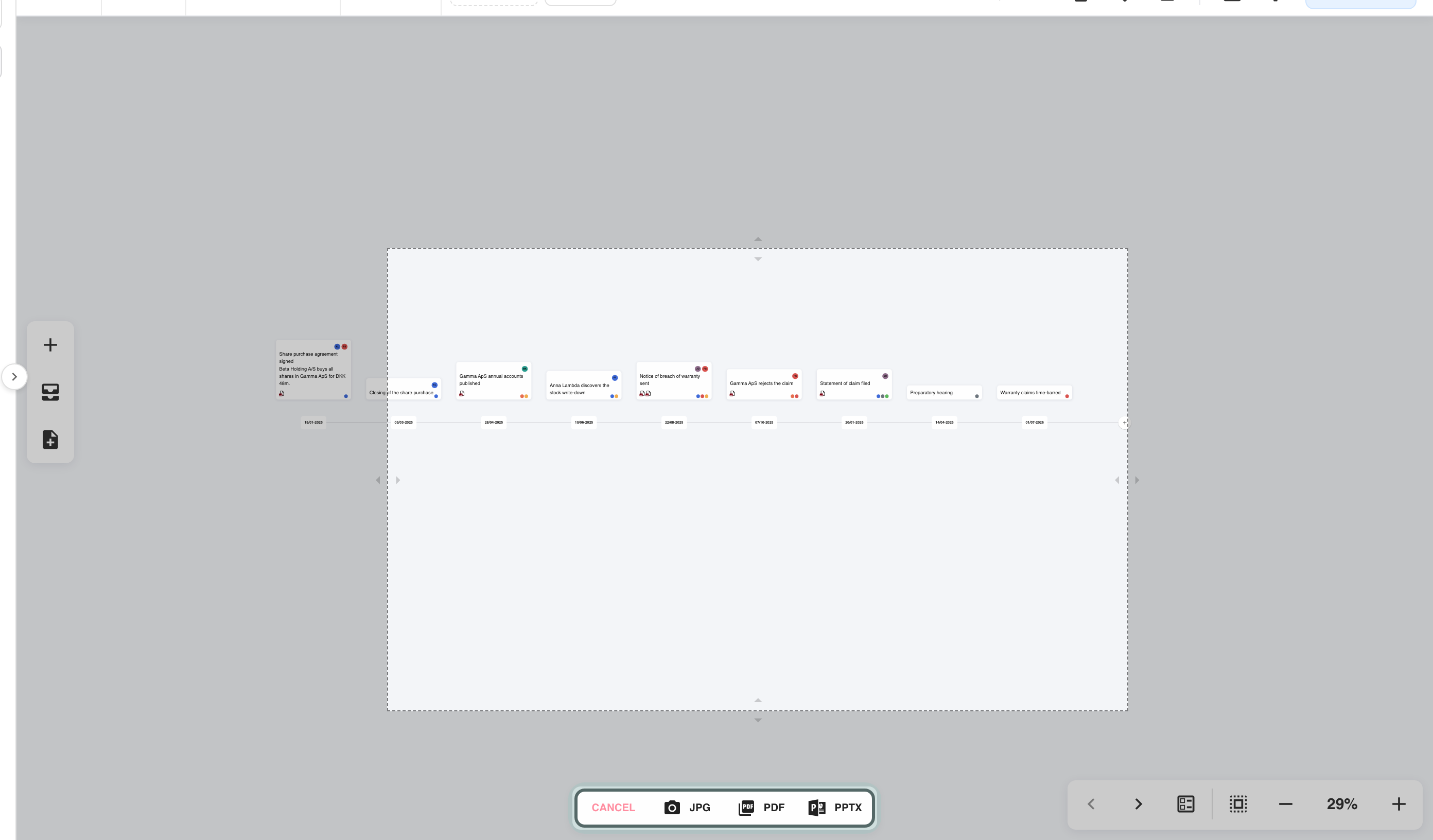 The snipping frame over part of the timeline, the rest shaded, and below it the bar with Cancel, JPG, PDF and PPTX, highlighted.