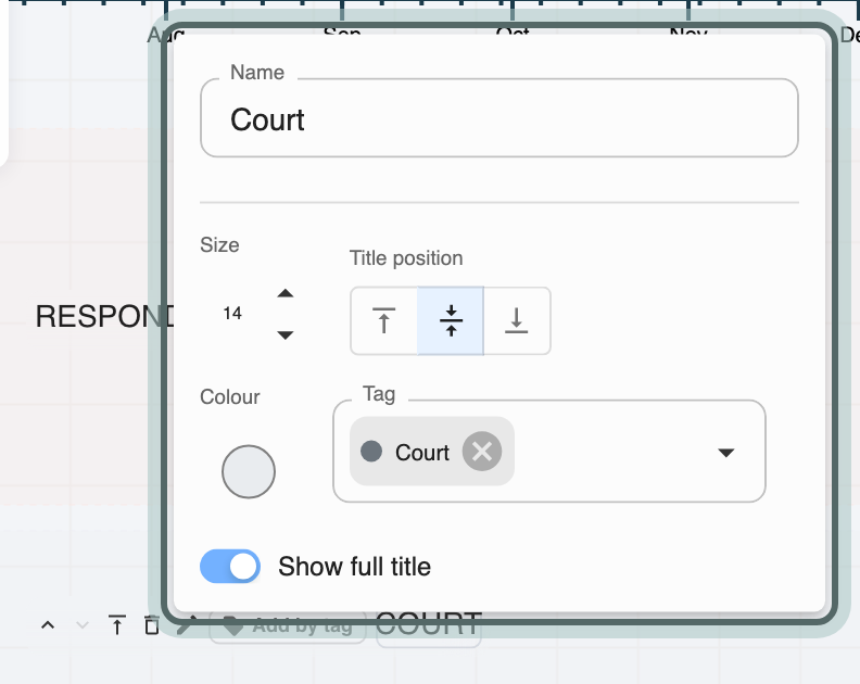 A lane's Edit panel: its name, text size, title position, colour, the tag whose events it holds and Show full title; beside the lane's title, its buttons to move it up, down or to the other side of the line, delete it, edit it and add events by tag.
